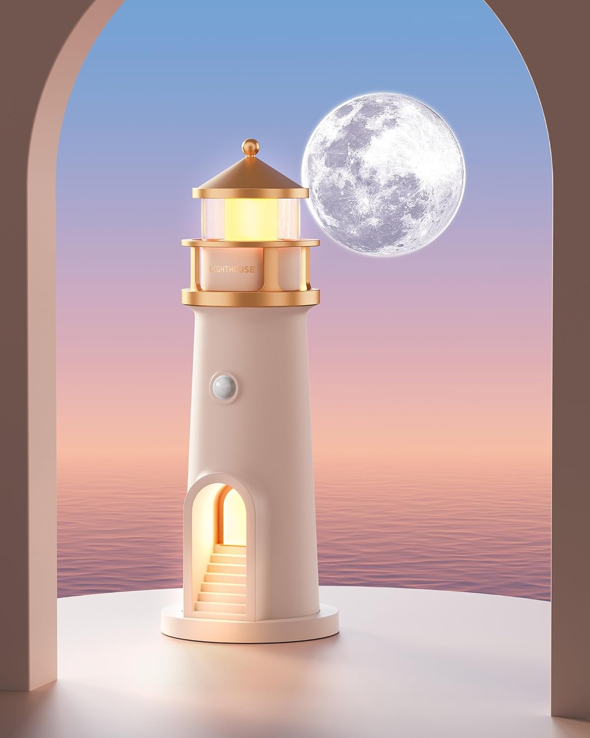 LED Cordless Night Lights Set of 2, WirelessPortable Motion Sensor Moon LighthouseLamp, Rechargable Battery Powered TableLamps for Kids, Children, Gifts, BedroomNursery, Decor, 9.6 inch