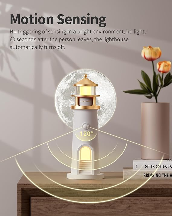 LED Cordless Night Lights Set of 2, WirelessPortable Motion Sensor Moon LighthouseLamp, Rechargable Battery Powered TableLamps for Kids, Children, Gifts, BedroomNursery, Decor, 9.6 inch