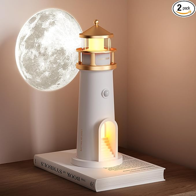 LED Cordless Night Lights Set of 2, WirelessPortable Motion Sensor Moon LighthouseLamp, Rechargable Battery Powered TableLamps for Kids, Children, Gifts, BedroomNursery, Decor, 9.6 inch