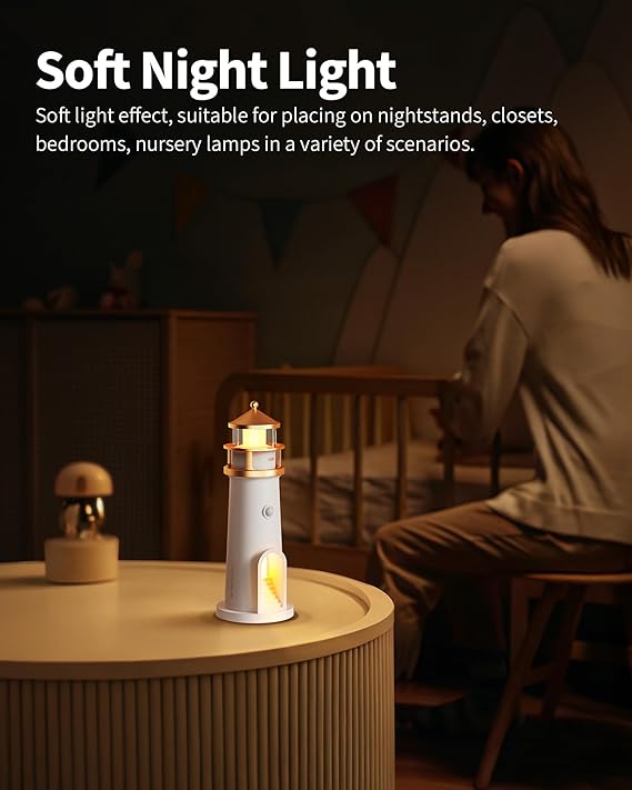 LED Cordless Night Lights Set of 2, WirelessPortable Motion Sensor Moon LighthouseLamp, Rechargable Battery Powered TableLamps for Kids, Children, Gifts, BedroomNursery, Decor, 9.6 inch