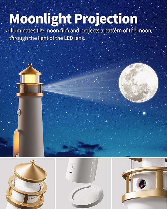 LED Cordless Night Lights Set of 2, WirelessPortable Motion Sensor Moon LighthouseLamp, Rechargable Battery Powered TableLamps for Kids, Children, Gifts, BedroomNursery, Decor, 9.6 inch