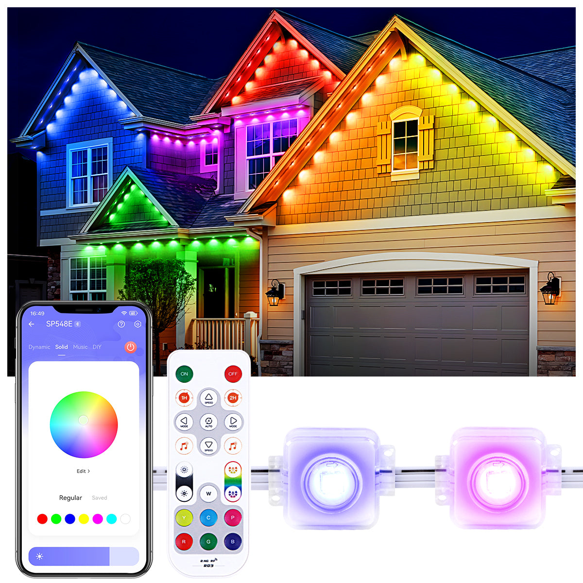 eaves light,Permanent Outdoor Lights 100ft, Smart RGB IC Eaves Lights With 72 Scene Modes, IP67 Outdoor Lighting For Holiday Decorations, Party, 60LEDS