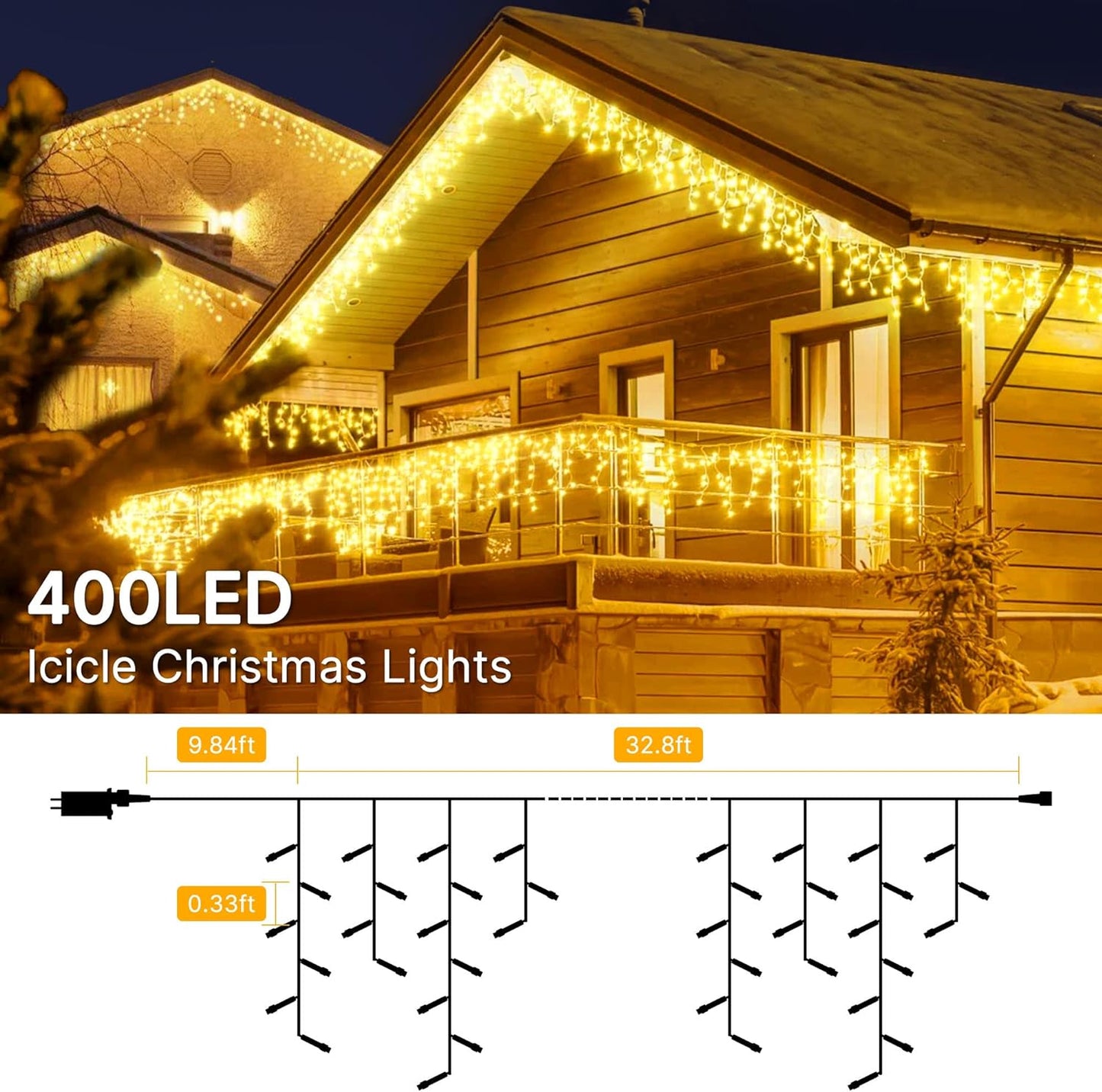 Fussion Luces de carÃ¡mbano de Navidad paraexteriores, 400 luces LED de 33 pies con 50caidas, 8 modos, luces de Navidad decarámbano al aire libre, luces de decoración deNavidad para bodas, fiestas.