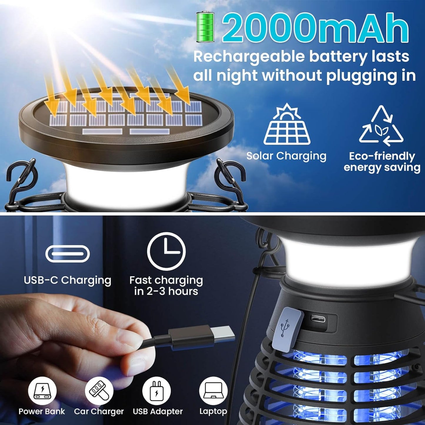 Uiage Bug Zapper Outdoor, Solar &Rechargeable Mosquito Zapper forGnats, Flies, Moths, 4200V HighPowered Electric Fly Trap Zapper, 3 in 1Waterproof Bug Killer Lantern forCamping, Patio, Yard, Home