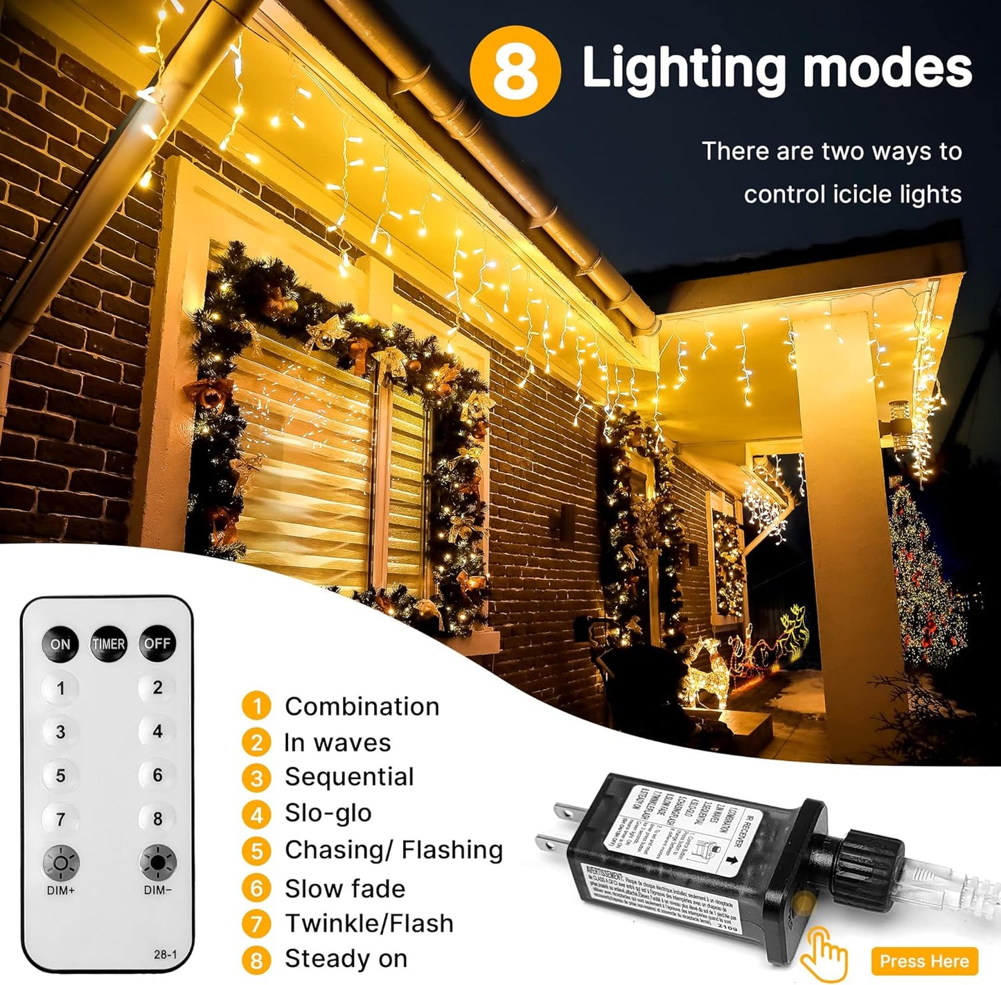 Fussion Luces de carÃ¡mbano de Navidad paraexteriores, 400 luces LED de 33 pies con 50caidas, 8 modos, luces de Navidad decarámbano al aire libre, luces de decoración deNavidad para bodas, fiestas.