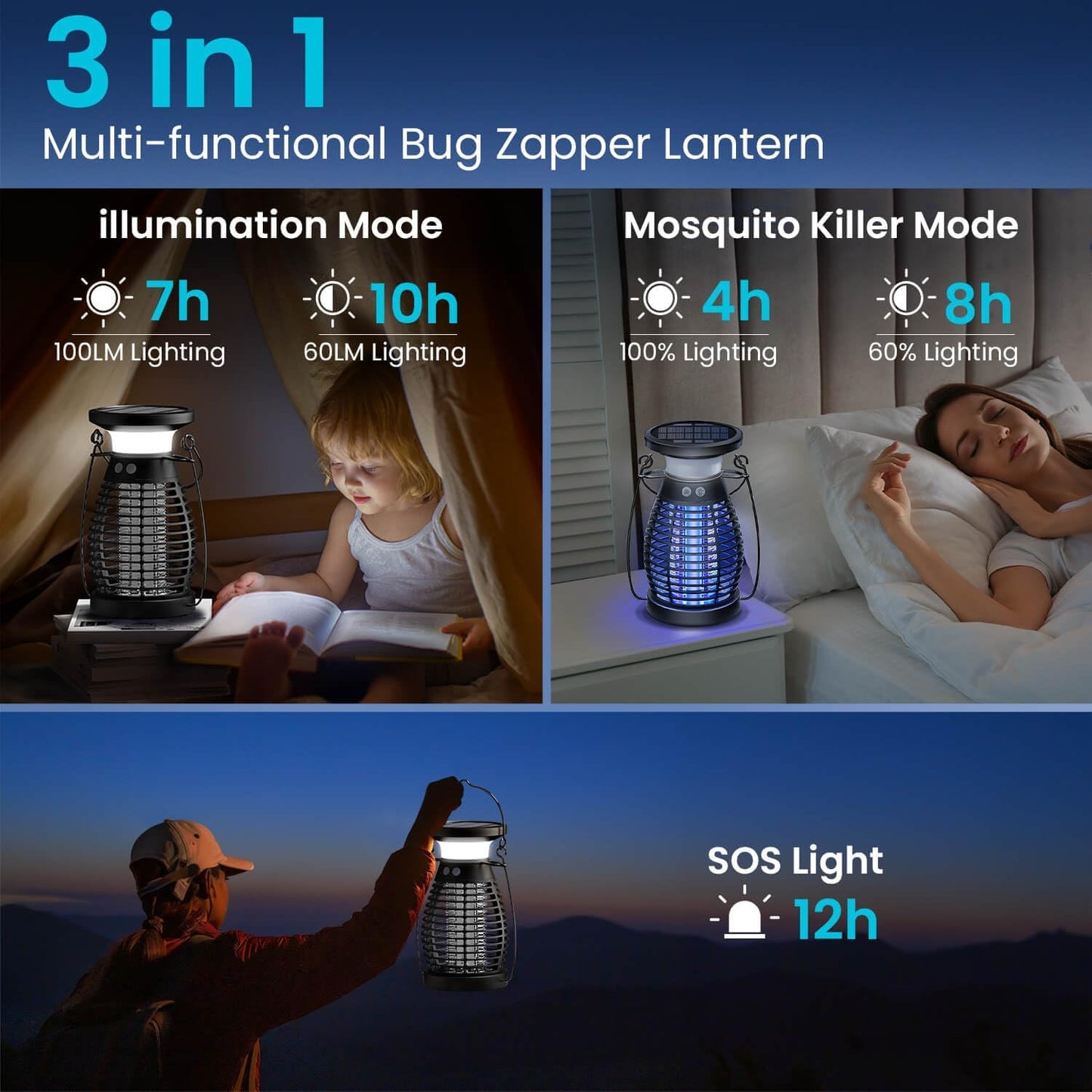 Uiage Bug Zapper Outdoor, Solar &Rechargeable Mosquito Zapper forGnats, Flies, Moths, 4200V HighPowered Electric Fly Trap Zapper, 3 in 1Waterproof Bug Killer Lantern forCamping, Patio, Yard, Home