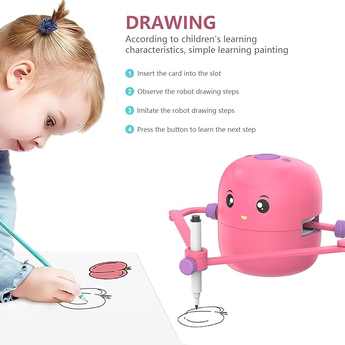 Interactive Educational Drawing Robot for Kids-Montessori Learning Toy with 100 WordCards, Voice Interaction, Ages 5+(Pink)