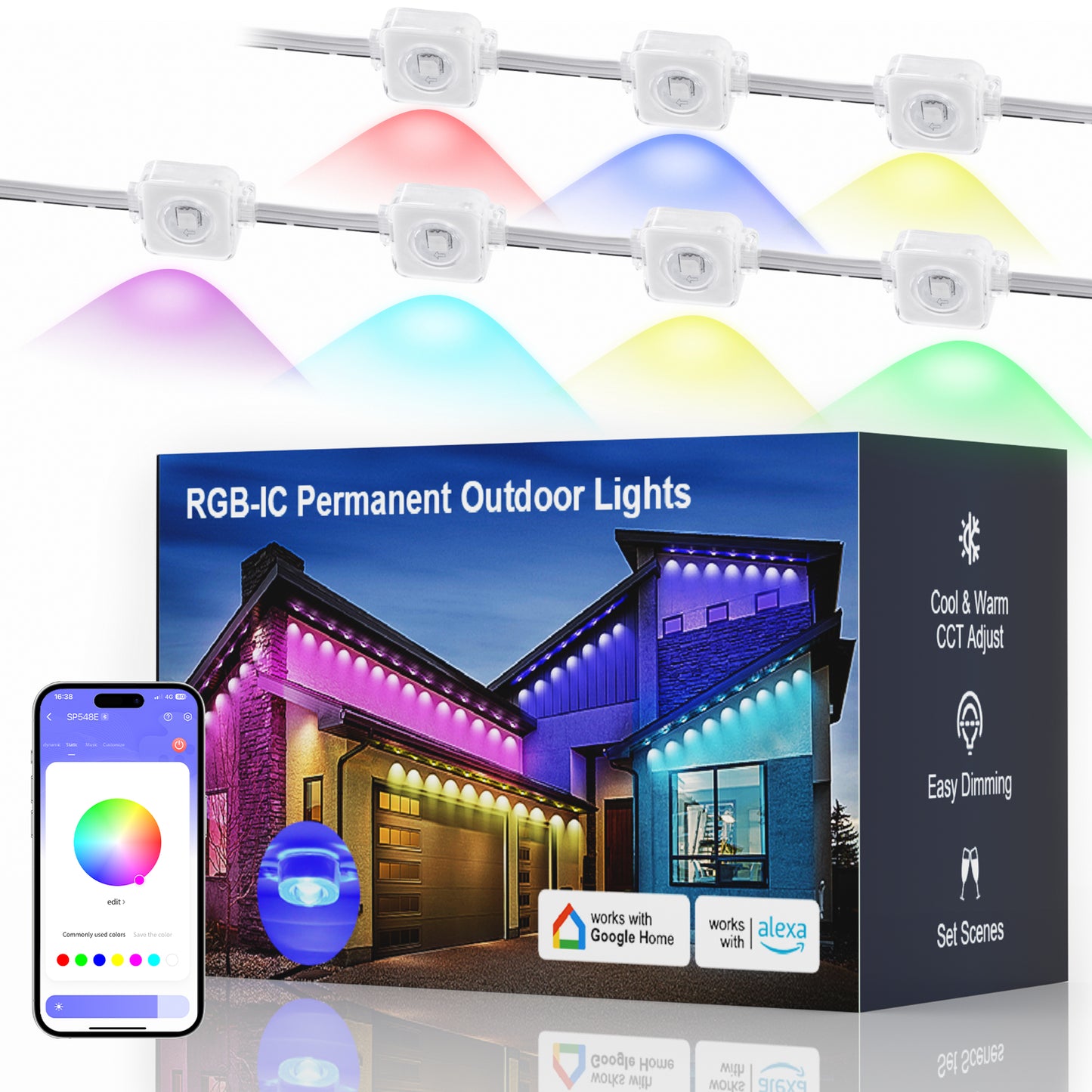 eaves light,Permanent Outdoor Lights 100ft, Smart RGB IC Eaves Lights With 72 Scene Modes, IP67 Outdoor Lighting For Holiday Decorations, Party, 60LEDS