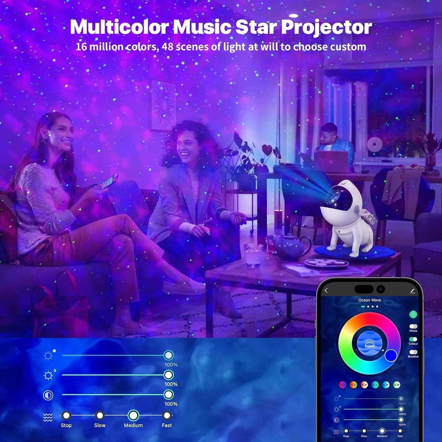 Proyector de galaxia, luz nocturna, proyectorde estrellas, lámpara de perro espacialajustable de 360° con colores ilimitados,altavoz Bluetooth, 8 ruidos blancos, aplicación,regalo para