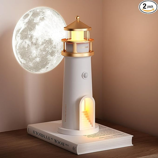 LED Cordless Night Lights Set of 2, WirelessPortable Motion Sensor Moon LighthouseLamp, Rechargable Battery Powered TableLamps for Kids, Children, Gifts, BedroomNursery, Decor, 9.6 inch