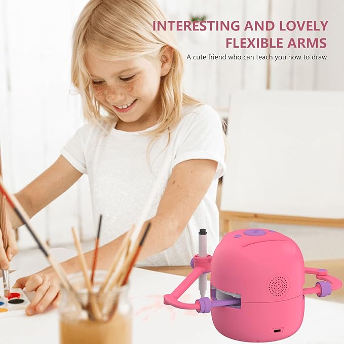 Interactive Educational Drawing Robot for Kids-Montessori Learning Toy with 100 WordCards, Voice Interaction, Ages 5+(Pink)