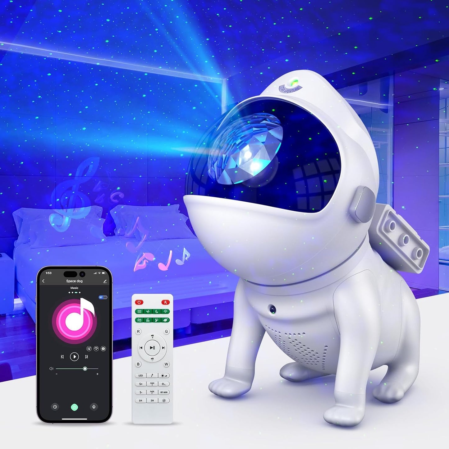 Proyector de galaxia, luz nocturna, proyectorde estrellas, lámpara de perro espacialajustable de 360° con colores ilimitados,altavoz Bluetooth, 8 ruidos blancos, aplicación,regalo para