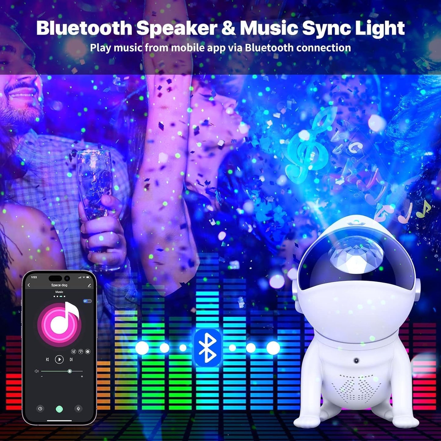 Proyector de galaxia, luz nocturna, proyectorde estrellas, lámpara de perro espacialajustable de 360° con colores ilimitados,altavoz Bluetooth, 8 ruidos blancos, aplicación,regalo para