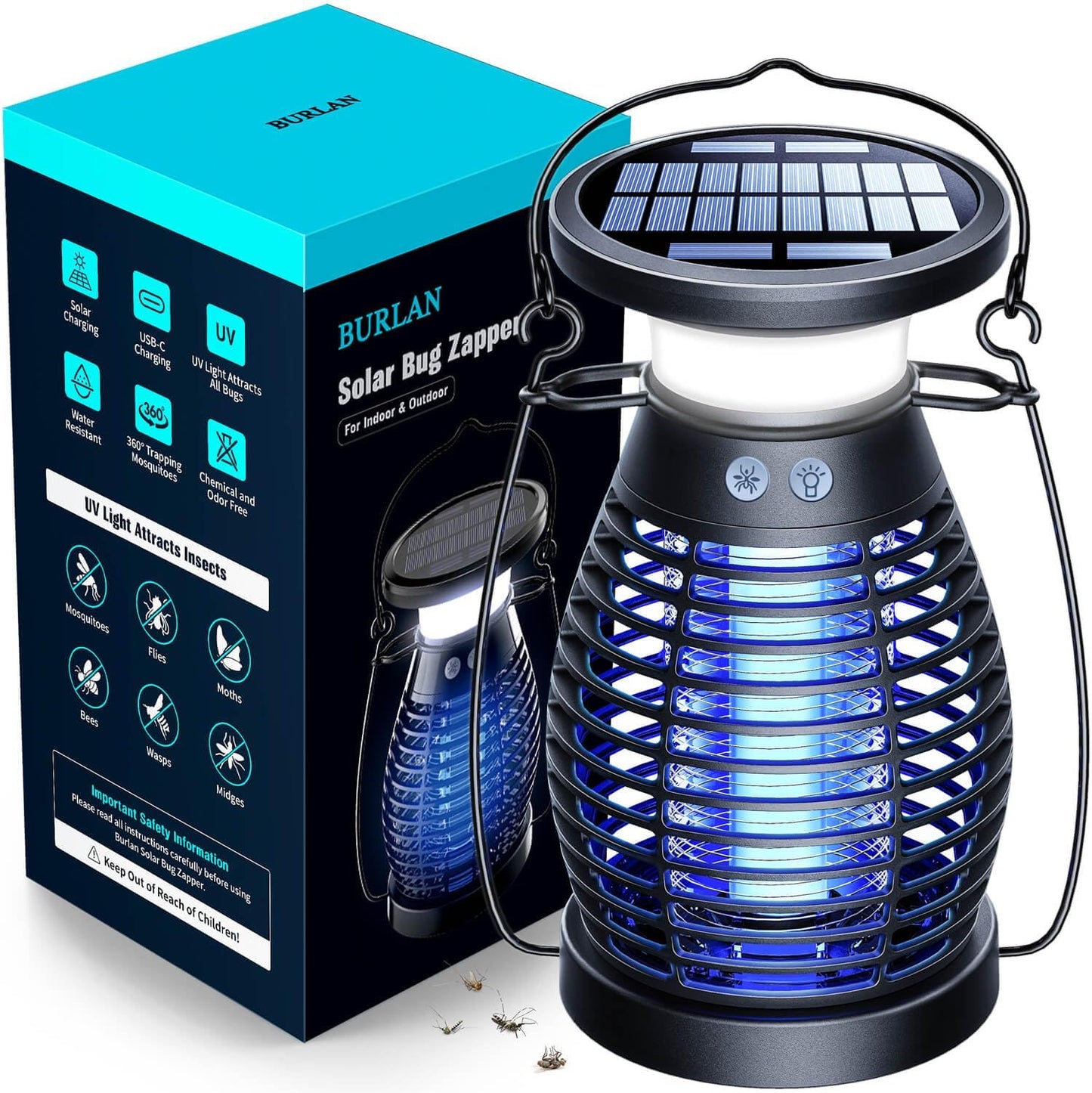 Uiage Bug Zapper Outdoor, Solar &Rechargeable Mosquito Zapper forGnats, Flies, Moths, 4200V HighPowered Electric Fly Trap Zapper, 3 in 1Waterproof Bug Killer Lantern forCamping, Patio, Yard, Home